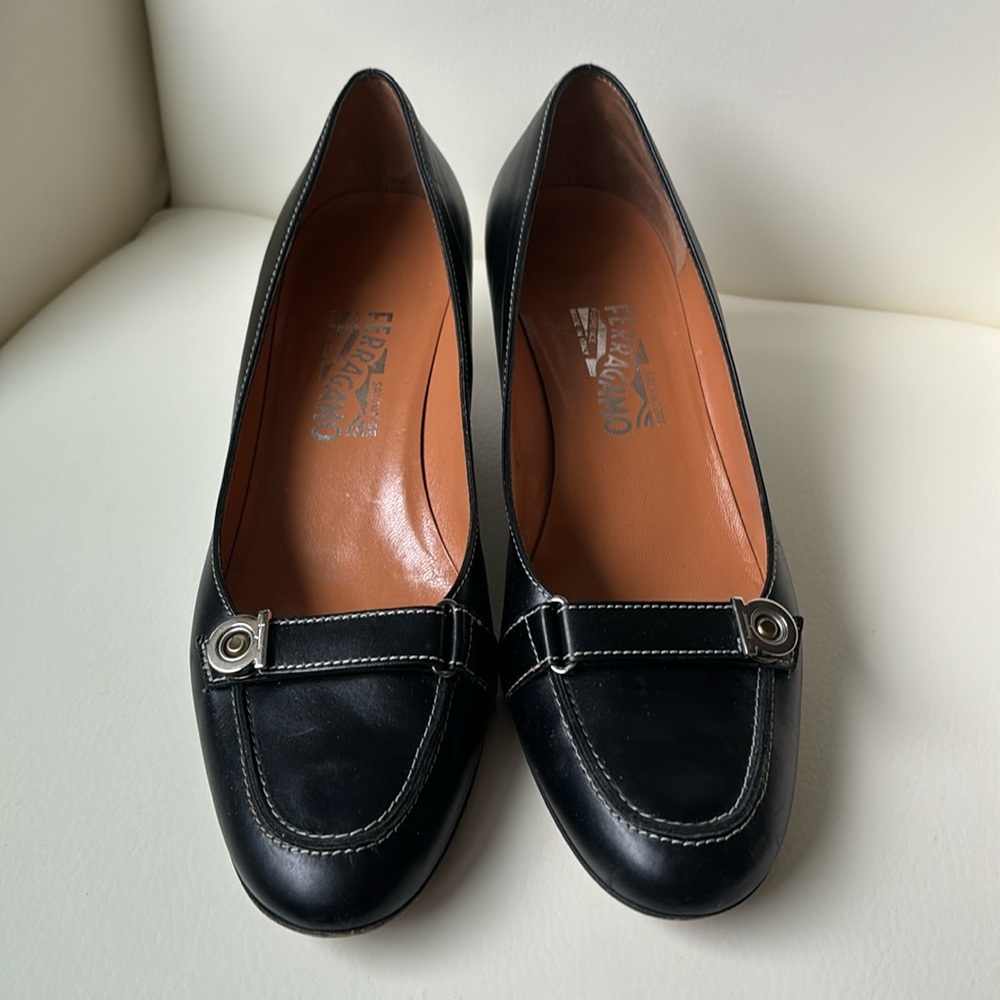 Salvatore Ferragamo Black Leather Loafers with Silver Hardware